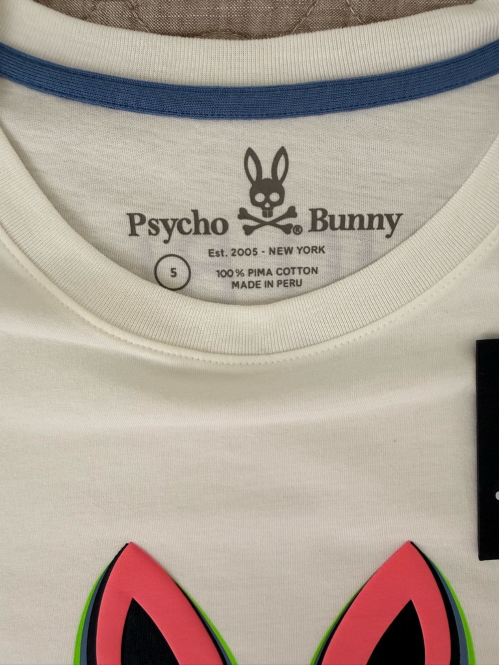 Psycho Bunny White T-Shirt with Blue Trim and Pink/Green Graphic - Picture 6 of 9